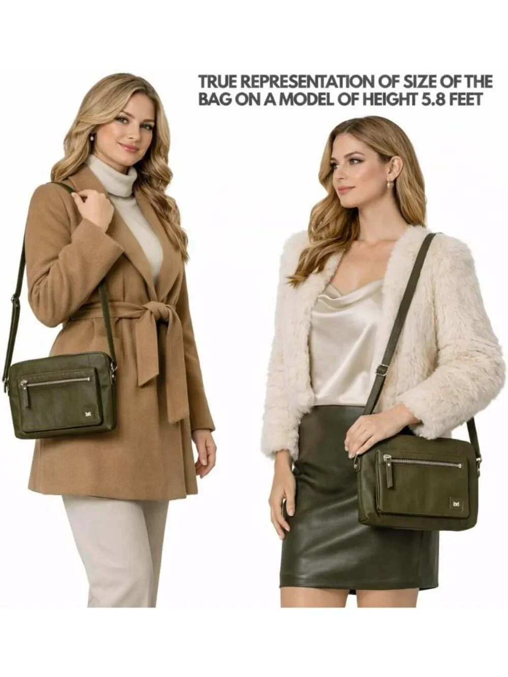 Women's Olive Genuine Leather Sling Purse with Adjustable Strap Crossbody bag